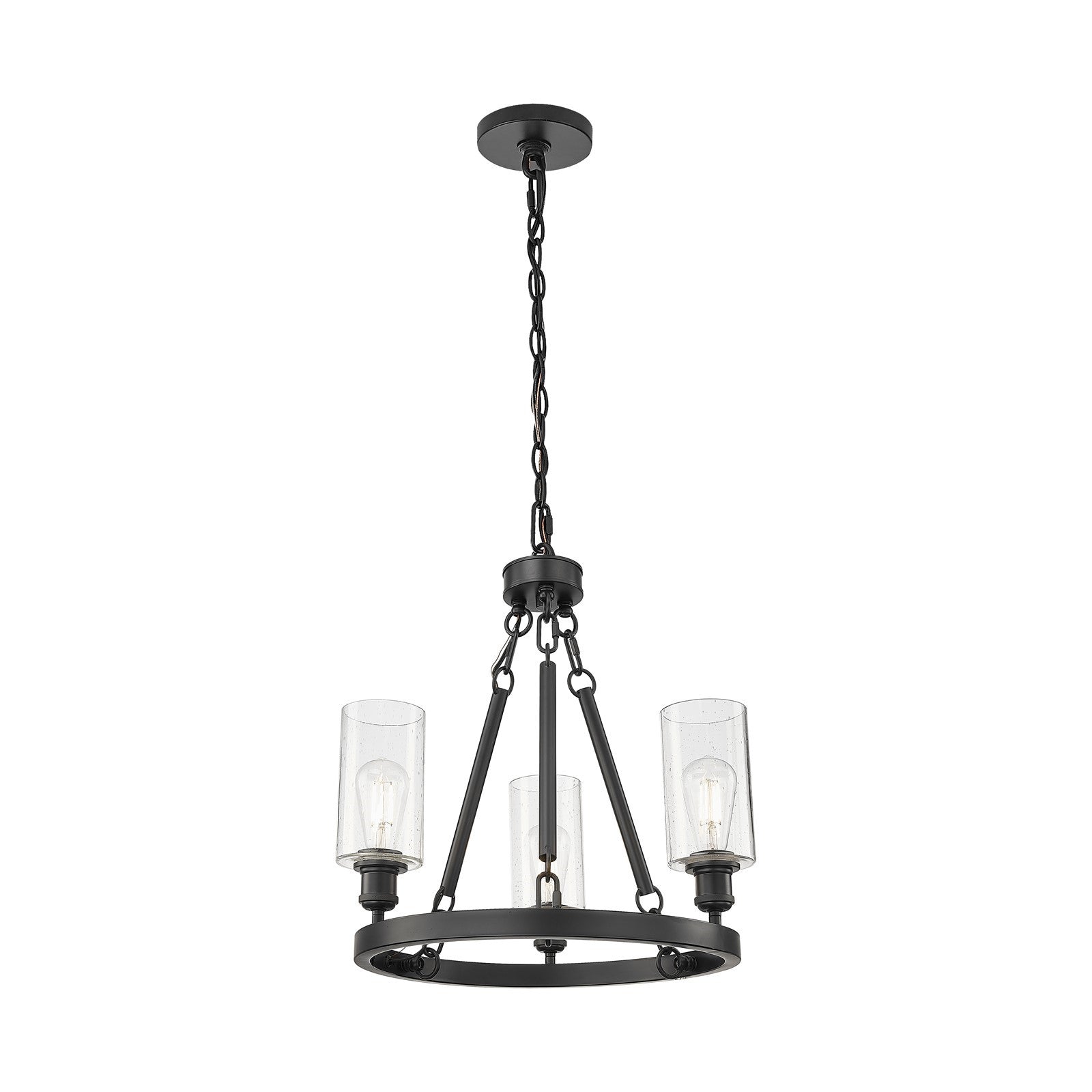 Innovations Crown Point 22in 3-Light Mini Chandelier | Industrial Matte Black Steel and Seedy Glass | Kitchen Island & Dining | Model 820-BK-G434-7SDY