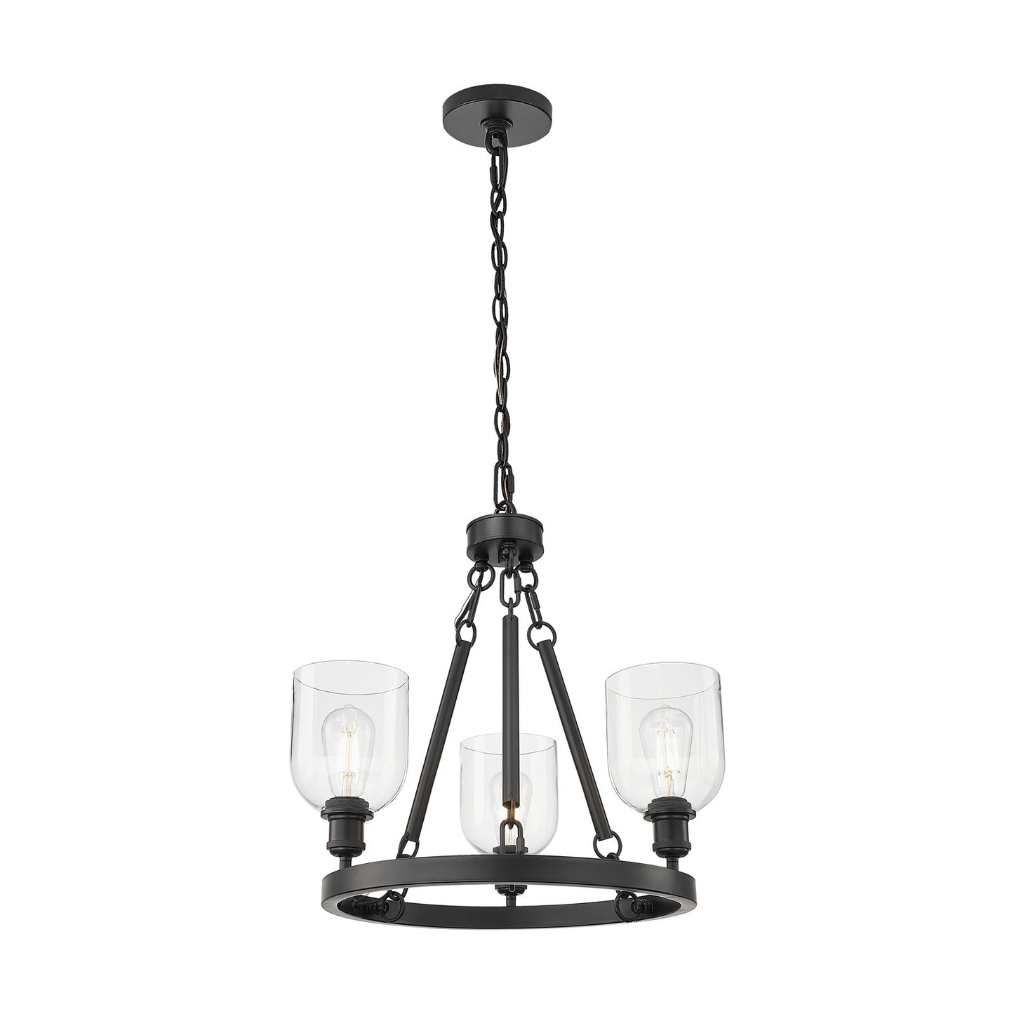 Innovations Bella 24in 3-Light Mini Chandelier | Industrial Matte Black Steel and Clear Glass | Kitchen Island & Dining Room | Model 820-BK-G558-6CL