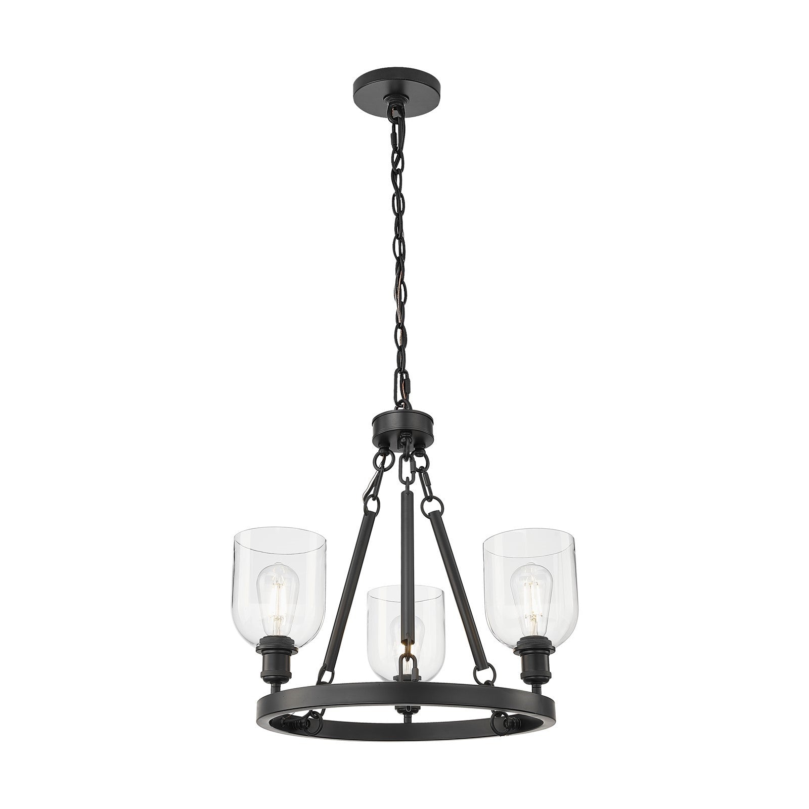 Innovations Bella 24in 3-Light Mini Chandelier | Industrial Matte Black Steel and Clear Glass | Kitchen Island & Dining Room | Model 820-BK-G558-6CL