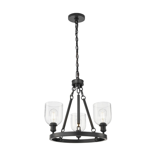 Innovations Bella 24in 3-Light Mini Chandelier | Industrial Matte Black Steel and Clear Glass | Kitchen Island & Dining Room | Model 820-BK-G558-6CL