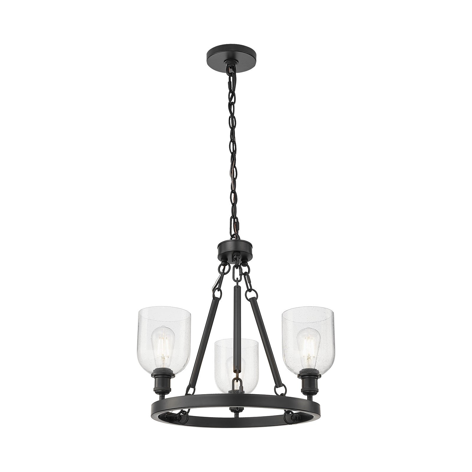 Innovations Bella 24in 3-Light Mini Chandelier | Industrial Matte Black Steel and Seedy Glass | Kitchen Island & Dining Room | Model 820-BK-G558-6SDY