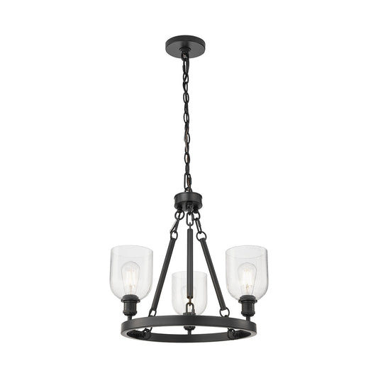 Innovations Bella 24in 3-Light Mini Chandelier | Industrial Matte Black Steel and Seedy Glass | Kitchen Island & Dining Room | Model 820-BK-G558-6SDY