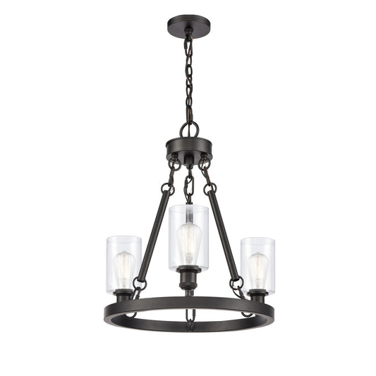 Innovations Clymer 20in 3-Light Mini Chandelier | Industrial Matte Black Steel and Clear Glass | Kitchen Island & Dining Room | Model 820-BK-G802-LED