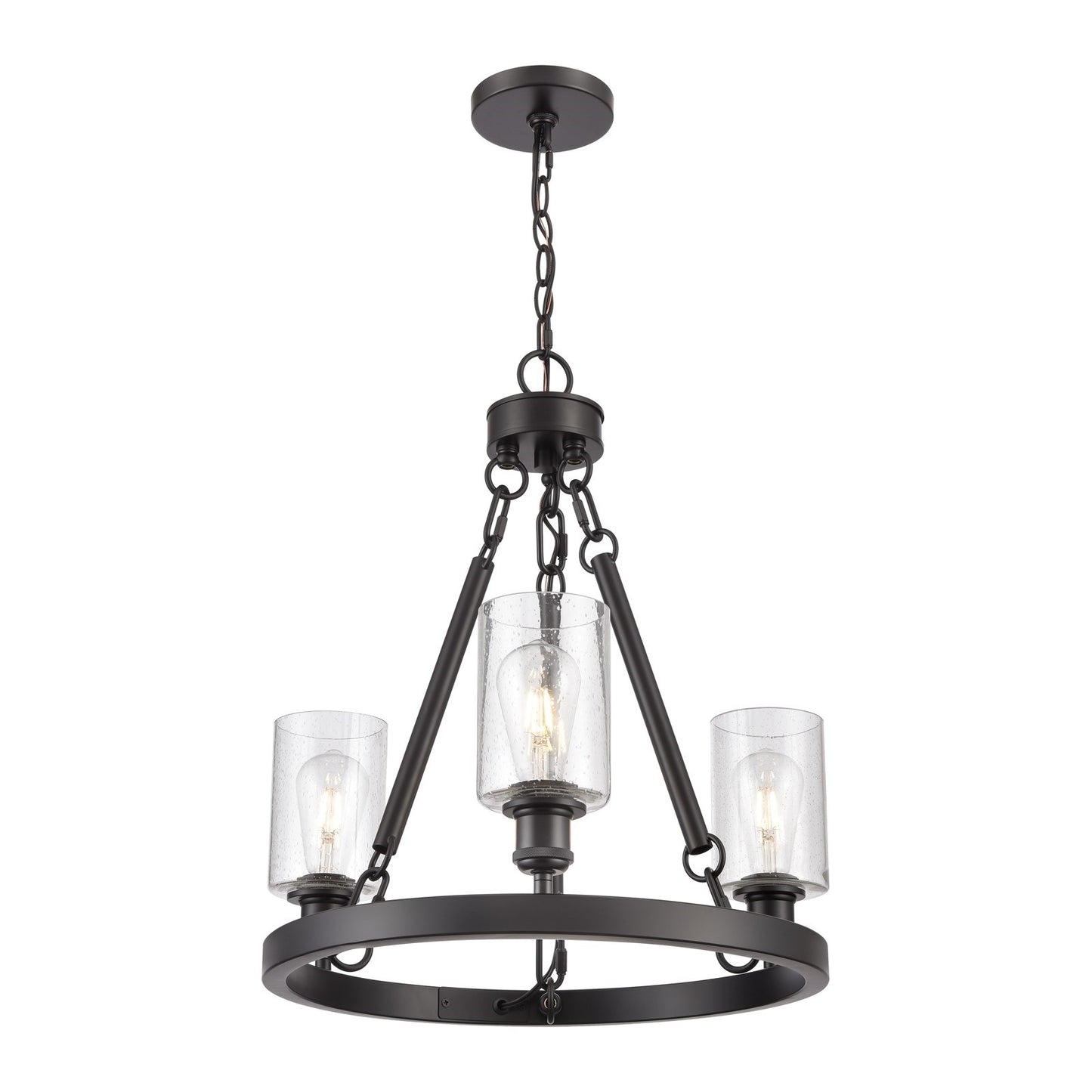 Innovations Clymer 20in 3-Light Mini Chandelier | Industrial Matte Black Steel and Seedy Glass | Kitchen Island & Dining Room | Model 820-BK-G804
