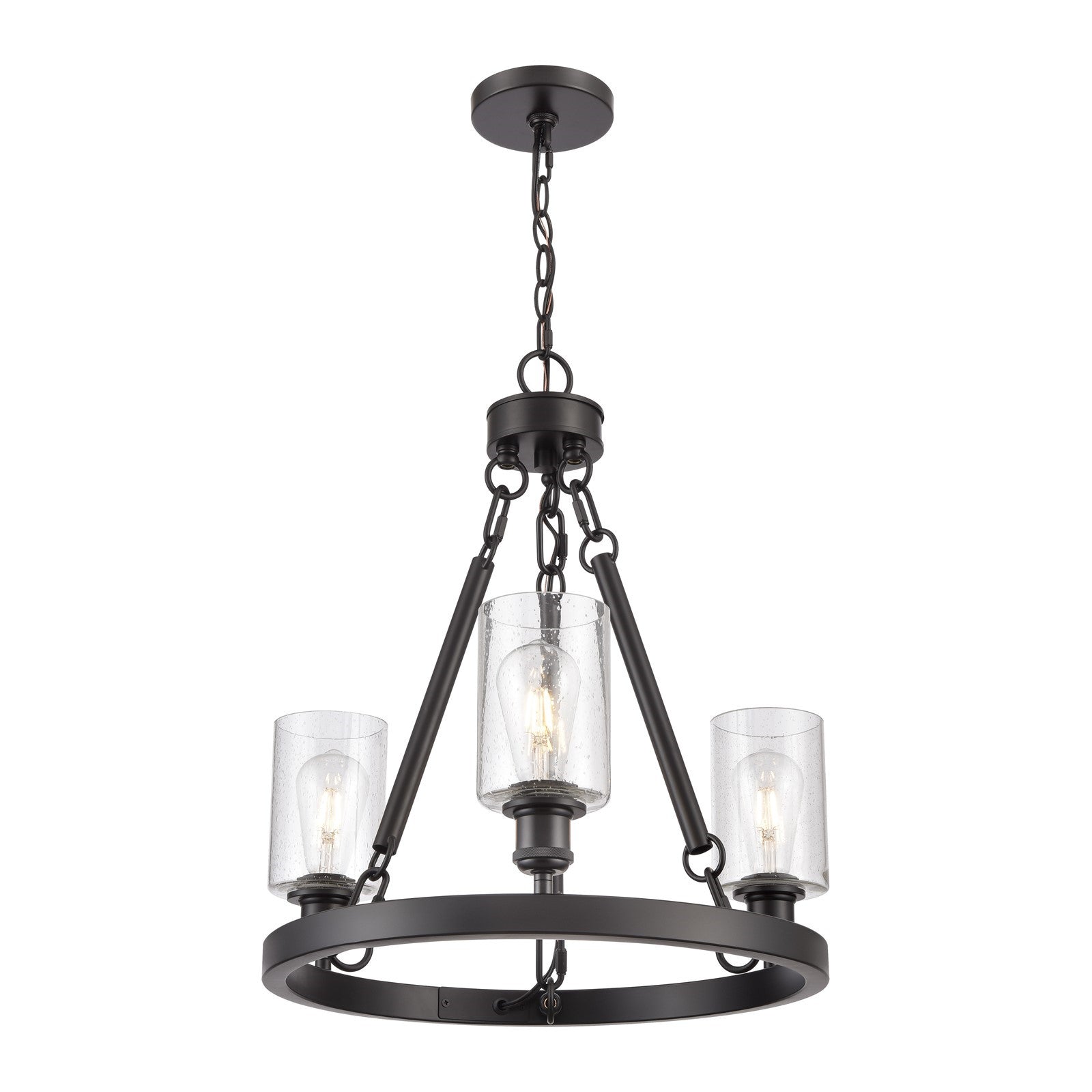 Innovations Clymer 20in 3-Light Mini Chandelier | Industrial Matte Black Steel and Seedy Glass | Kitchen Island & Dining Room | Model 820-BK-G804