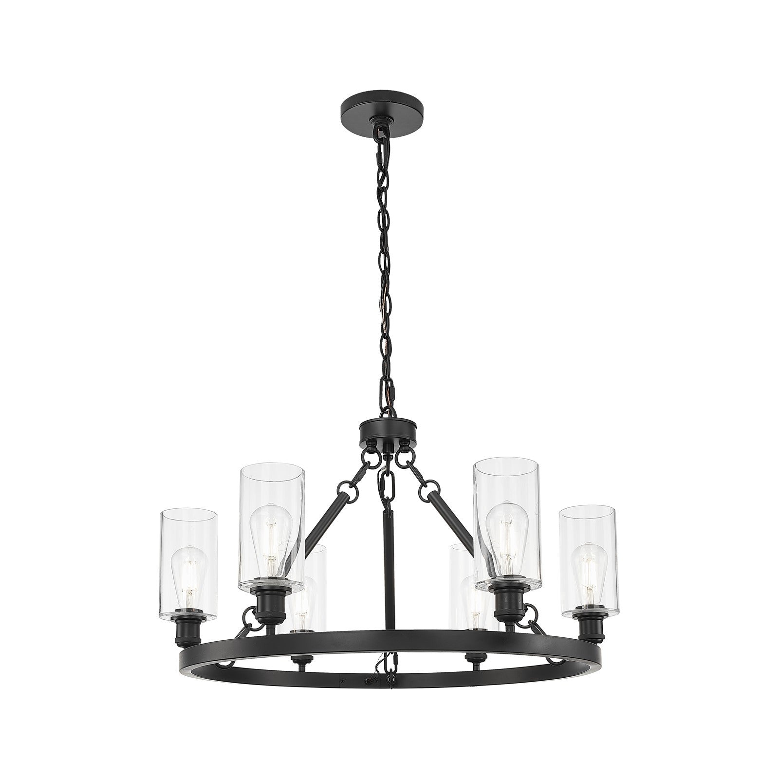 Innovations Crown Point 32in 6-Light Chandelier | Industrial Matte Black Steel and Clear Glass | Dining Room & Living Room | Model 830-BK-G434-7CL