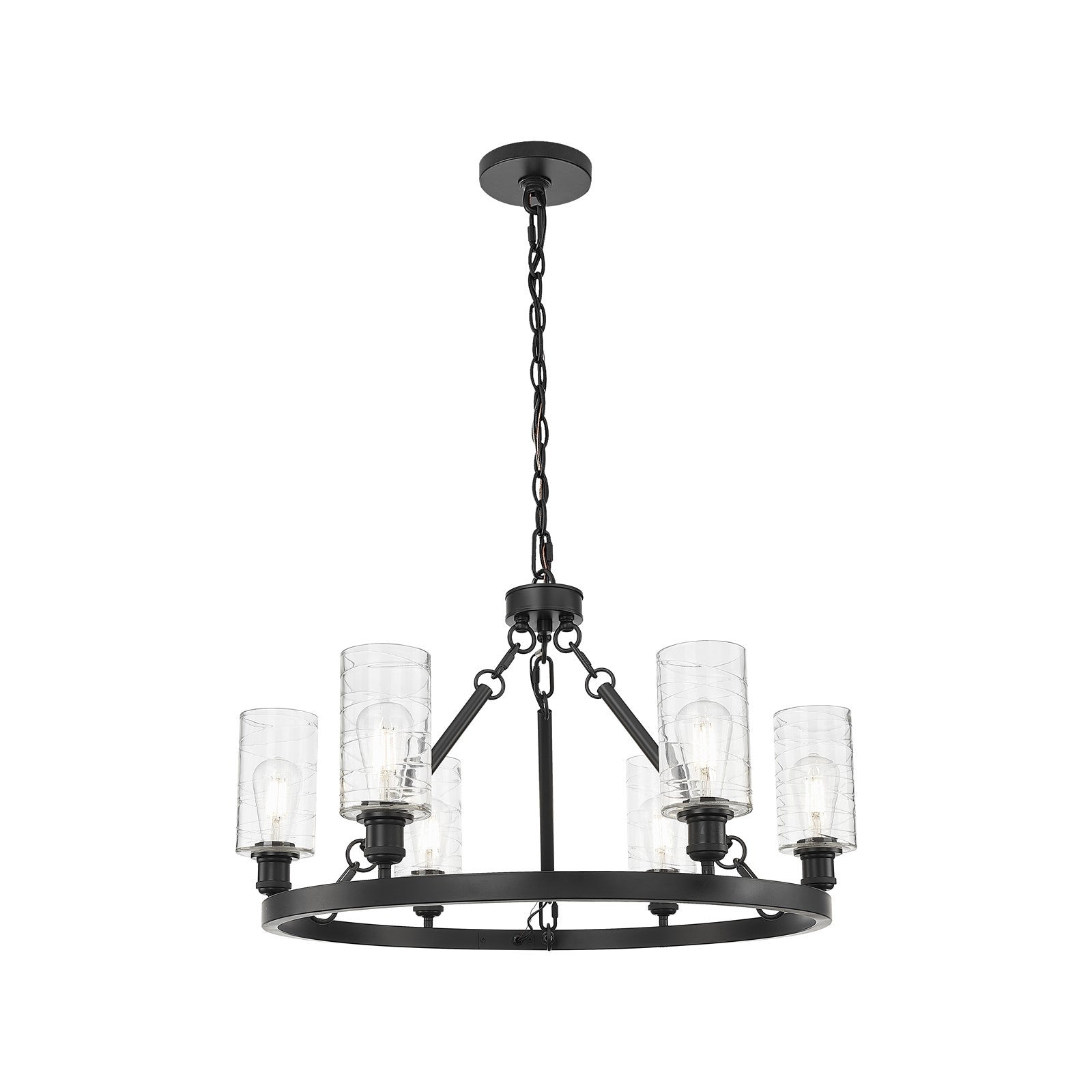 Innovations Crown Point 32in 6-Light Chandelier | Industrial Matte Black Steel and Deco Swirl Glass | Dining Room & Living Room | Model 830-BK-G434-7DE