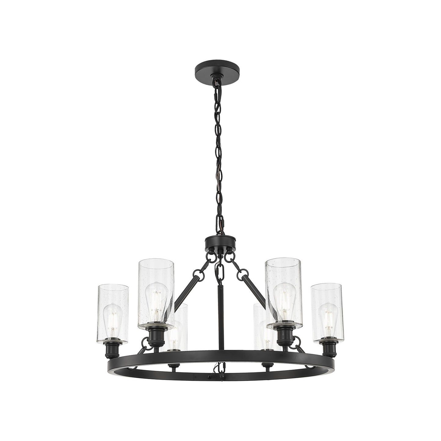 Innovations Crown Point 32in 6-Light Chandelier | Industrial Matte Black Steel and Seedy Glass | Kitchen & Dining Room | Model 830-BK-G434-7SDY