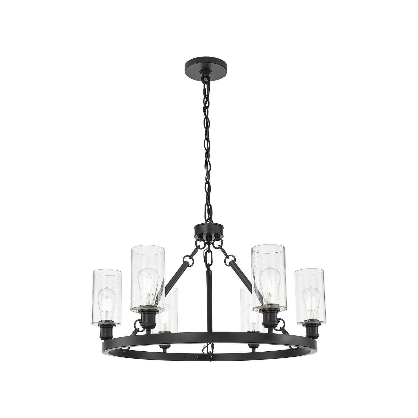 Innovations Crown Point 32in 6-Light Chandelier | Industrial Matte Black Steel and Seedy Glass | Kitchen & Dining Room | Model 830-BK-G434-7SDY
