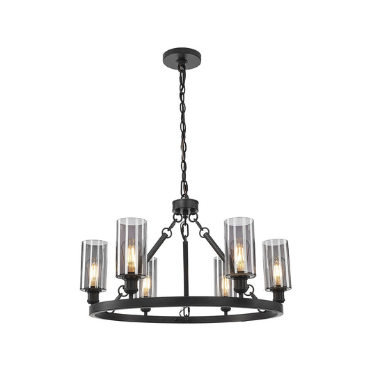 Innovations Crown Point 32in 6-Light Chandelier | Industrial Matte Black Steel and Light Smoke Glass | Dining Room & Living Room | Model 830-BK-G434-7SM