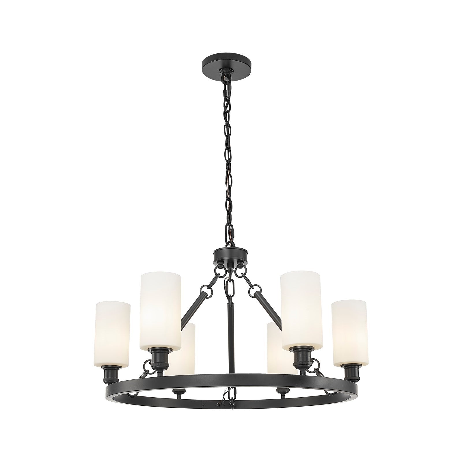 Innovations Crown Point 32in 6-Light Chandelier | Industrial Matte Black Steel and White Frosted Glass | Dining Room & Living Room | Model 830-BK-G434-7WH