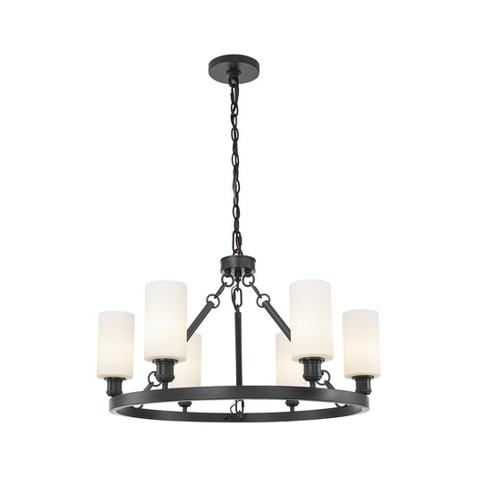 Innovations Crown Point 32in 6-Light Chandelier | Industrial Matte Black Steel and White Frosted Glass | Dining Room & Living Room | Model 830-BK-G434-7WH