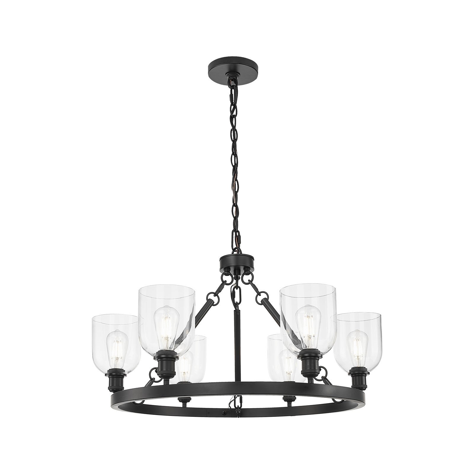 Innovations Bella 34in 6-Light Chandelier | Industrial Matte Black Steel and Clear Glass | Kitchen Island & Dining Room | Model 830-BK-G558-6CL