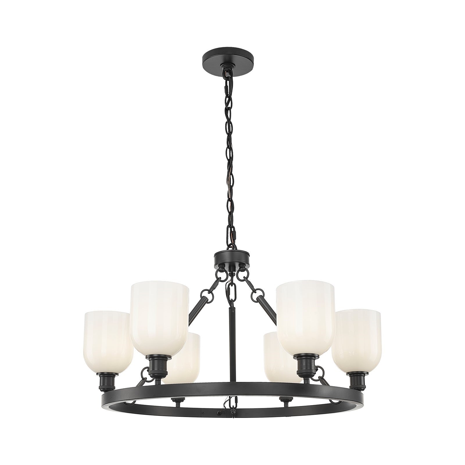 Innovations Bella 34in 6-Light Chandelier | Industrial Matte Black Steel and White Glass | Kitchen Island & Dining Room | Model 830-BK-G558-6GWH