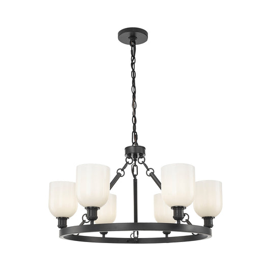 Innovations Bella 34in 6-Light Chandelier | Industrial Matte Black Steel and White Glass | Kitchen Island & Dining Room | Model 830-BK-G558-6GWH