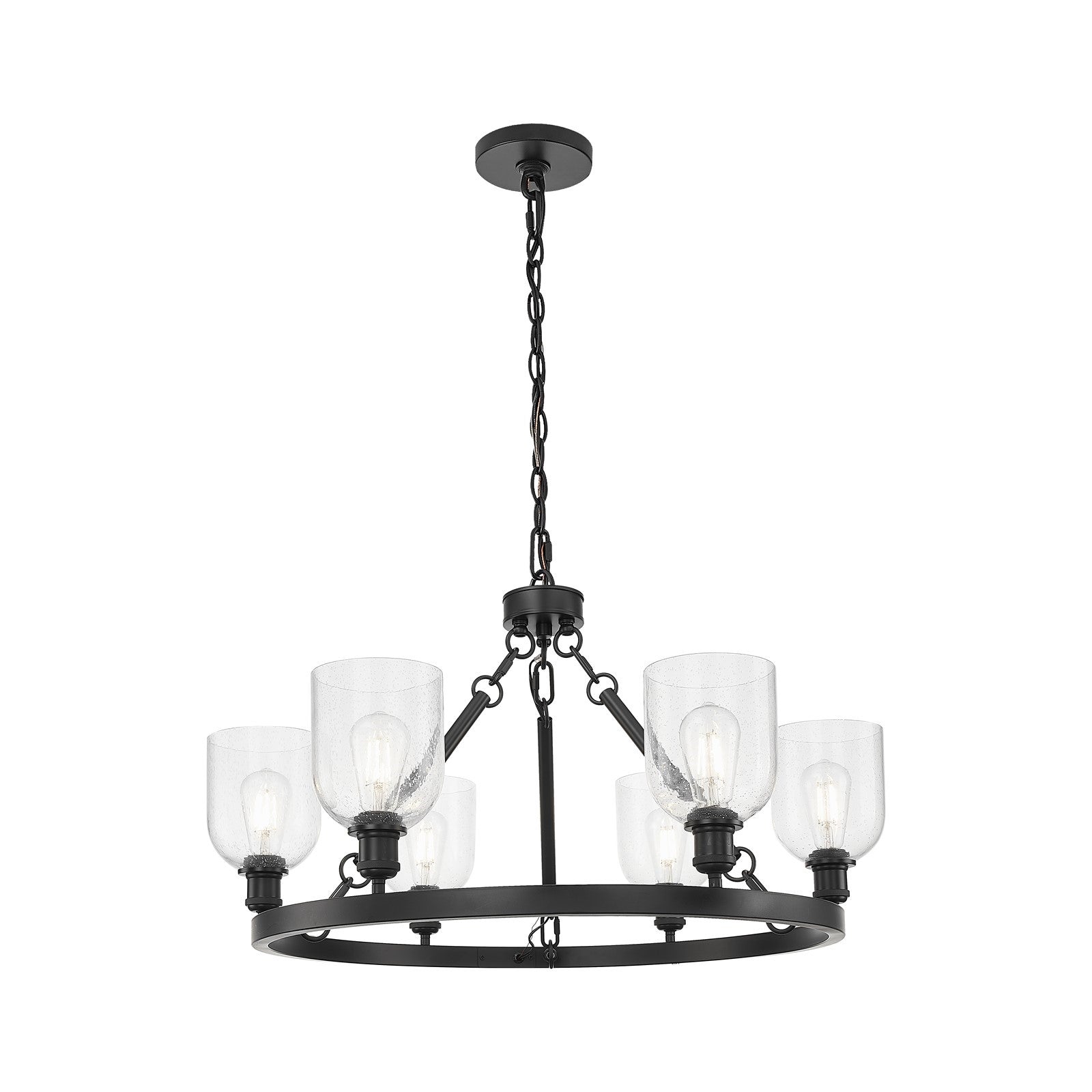 Innovations Bella 34in 6-Light Chandelier | Industrial Matte Black Steel and Seedy Glass | Kitchen Island & Dining Room | Model 830-BK-G558-6SDY