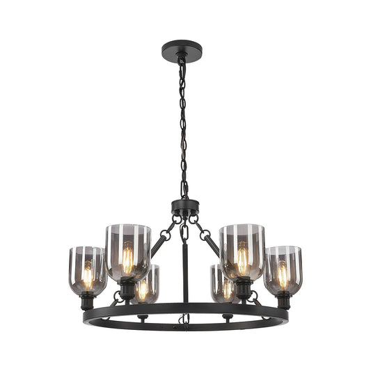 Innovations Bella 34in 6-Light Chandelier | Industrial Matte Black Steel and Light Smoke Glass | Dining Room & Living Room | Model 830-BK-G558-6SM