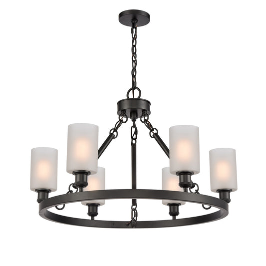 Innovations Clymer 30in 6-Light Chandelier | Industrial Matte Black Steel and Matte White Glass | Kitchen Island & Dining Room | Model 830-BK-G801-LED