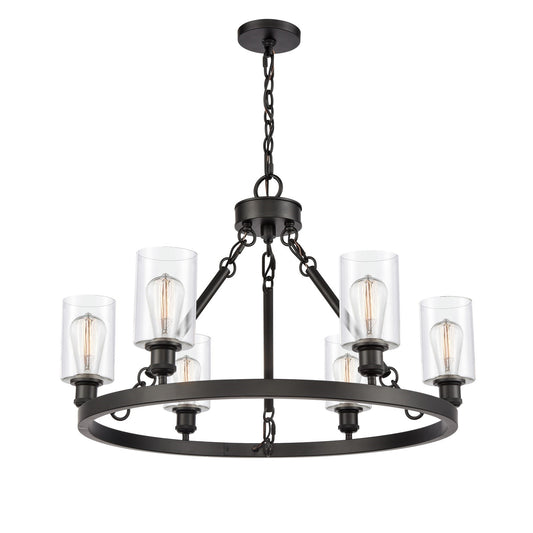 Innovations Clymer 30in 6-Light Chandelier | Industrial Matte Black Steel and Clear Glass | Damp Rated Dining Room & Living Room | Model 830-BK-G802