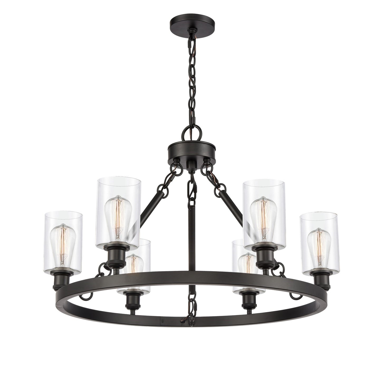 Innovations Clymer 30in 6-Light Chandelier | Industrial Matte Black Steel and Clear Glass | Dining Room & Living Room | Model 830-BK-G802-LED