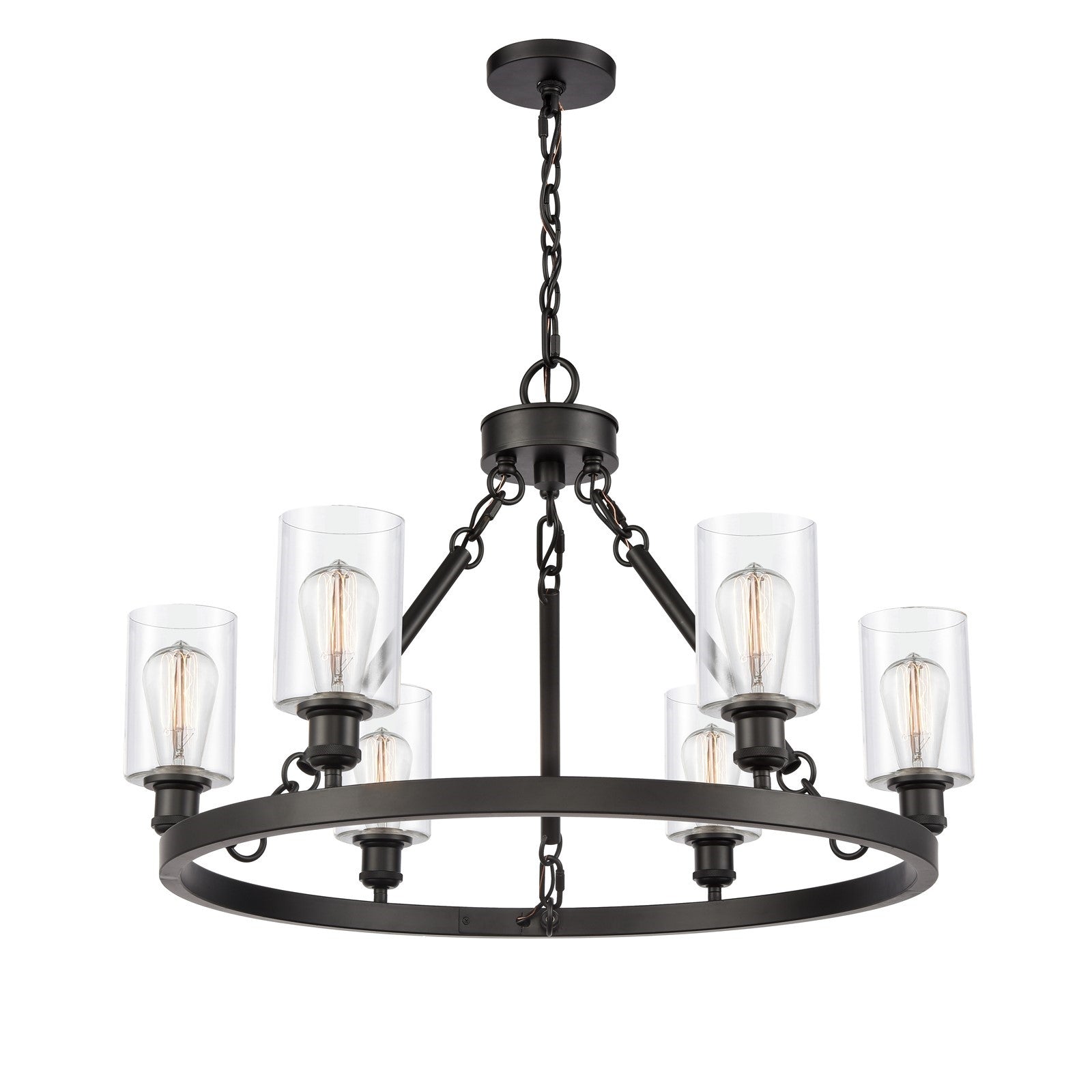 Innovations Clymer 30in 6-Light Chandelier | Industrial Matte Black Steel and Clear Glass | Dining Room & Living Room | Model 830-BK-G802-LED
