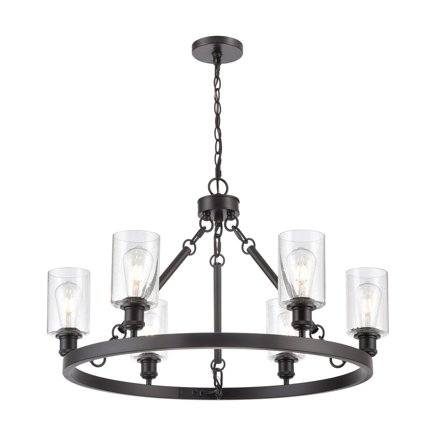 Innovations Clymer 30in 6-Light Chandelier | Industrial Matte Black Steel and Seedy Glass | Dining Room & Living Room | Model 830-BK-G804