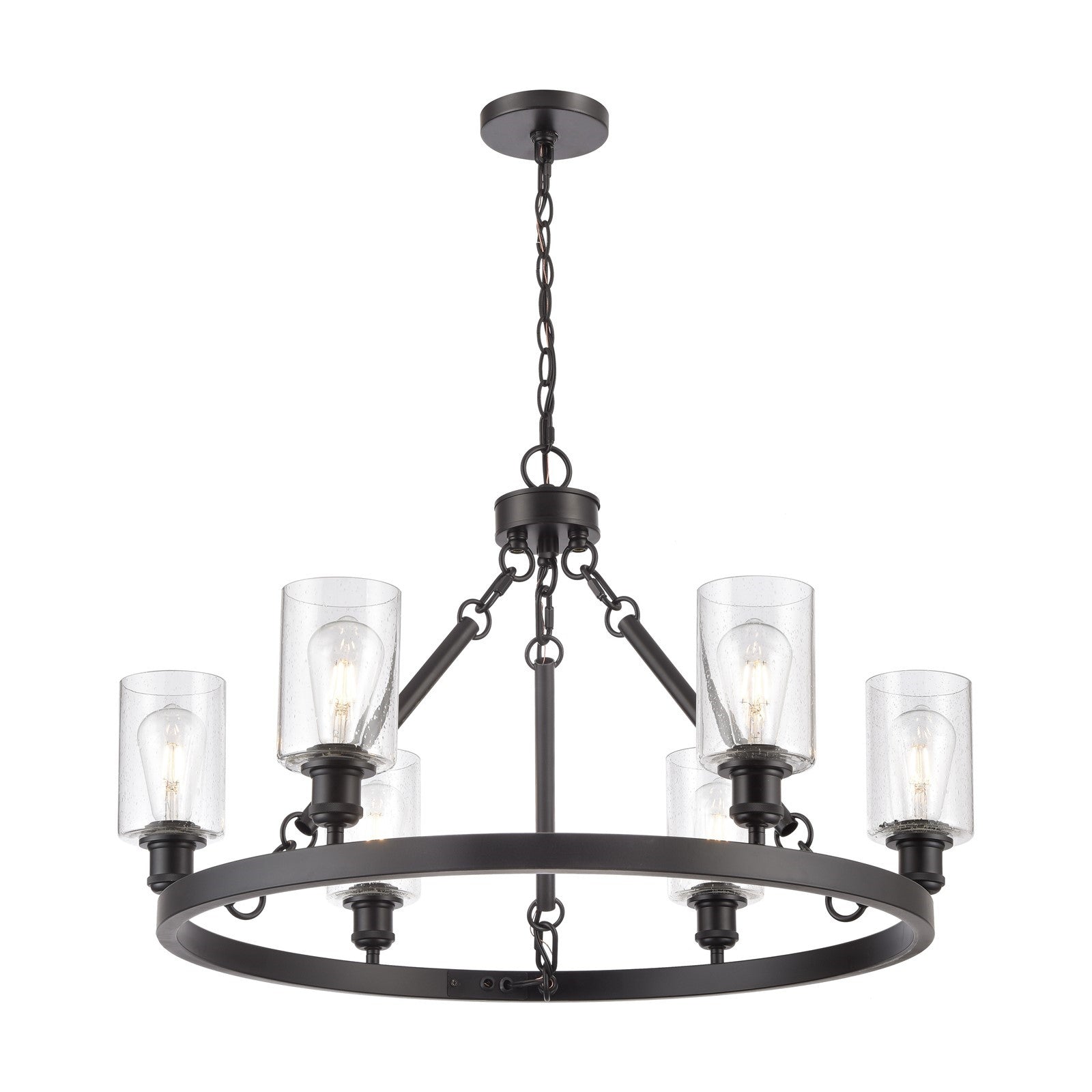 Innovations Clymer 30in 6-Light Chandelier | Industrial Matte Black Steel and Seedy Glass | Dining Room & Living Room | Model 830-BK-G804