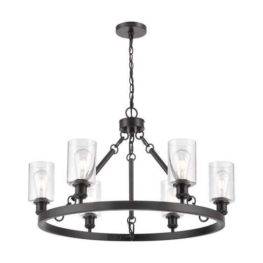 Innovations Clymer 30in 6-Light Chandelier | Industrial Matte Black Steel and Seedy Glass | Dining Room & Living Room | Model 830-BK-G804