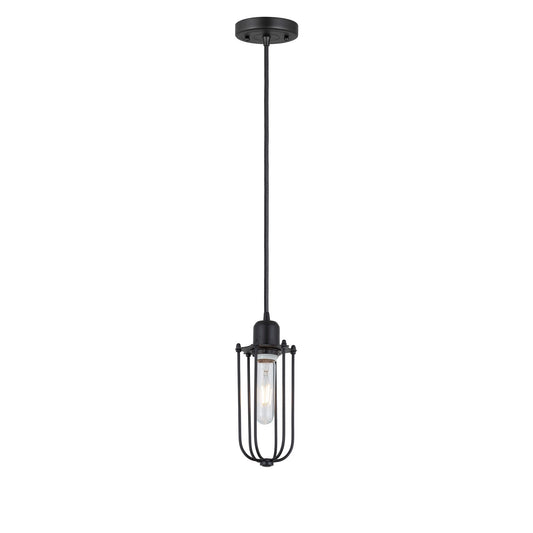 Innovations Muselet 1-Light Mini Pendant | Industrial Matte Black Steel and Cast Brass with Matte Black Metal Cylinder Shade | Model 900-1P-BK-CE225-BK