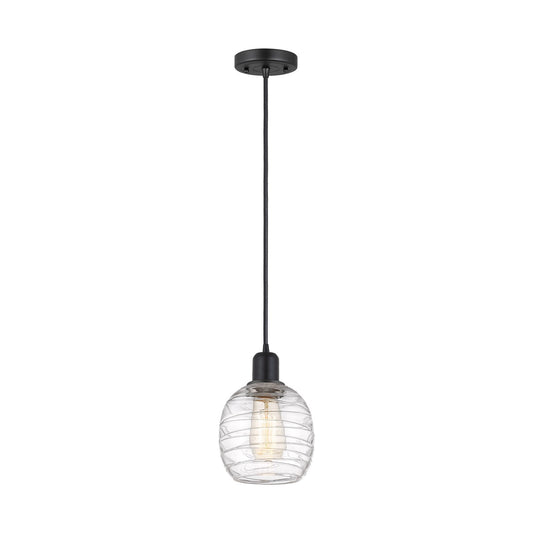 Innovations Belfast 6in 1-Light Mini Pendant | Industrial Matte Black Steel and Clear Deco Swirl Glass | Kitchen Island & Dining | Model 900-1P-BK-G1013