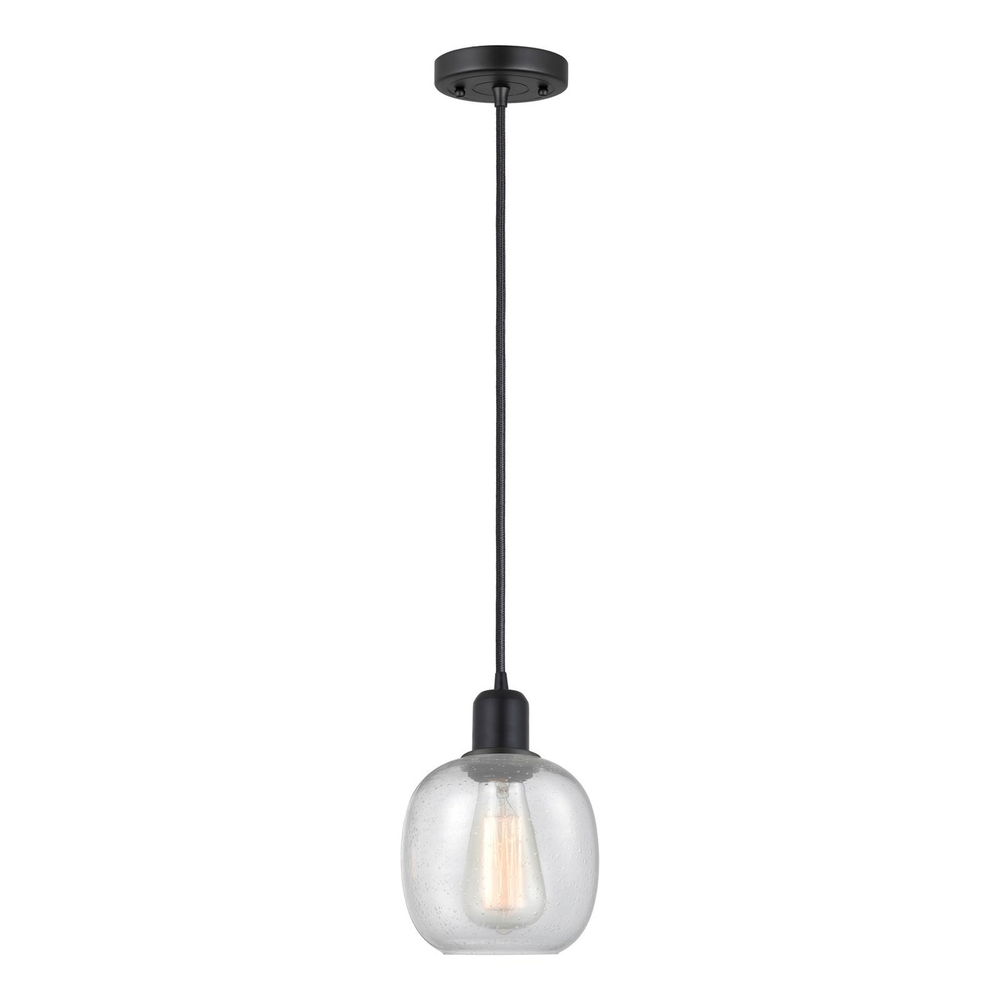 Innovations Belfast 6in 1-Light Mini Pendant | Industrial Matte Black Steel and Seedy Glass | Kitchen Island & Dining Room | Model 900-1P-BK-G104