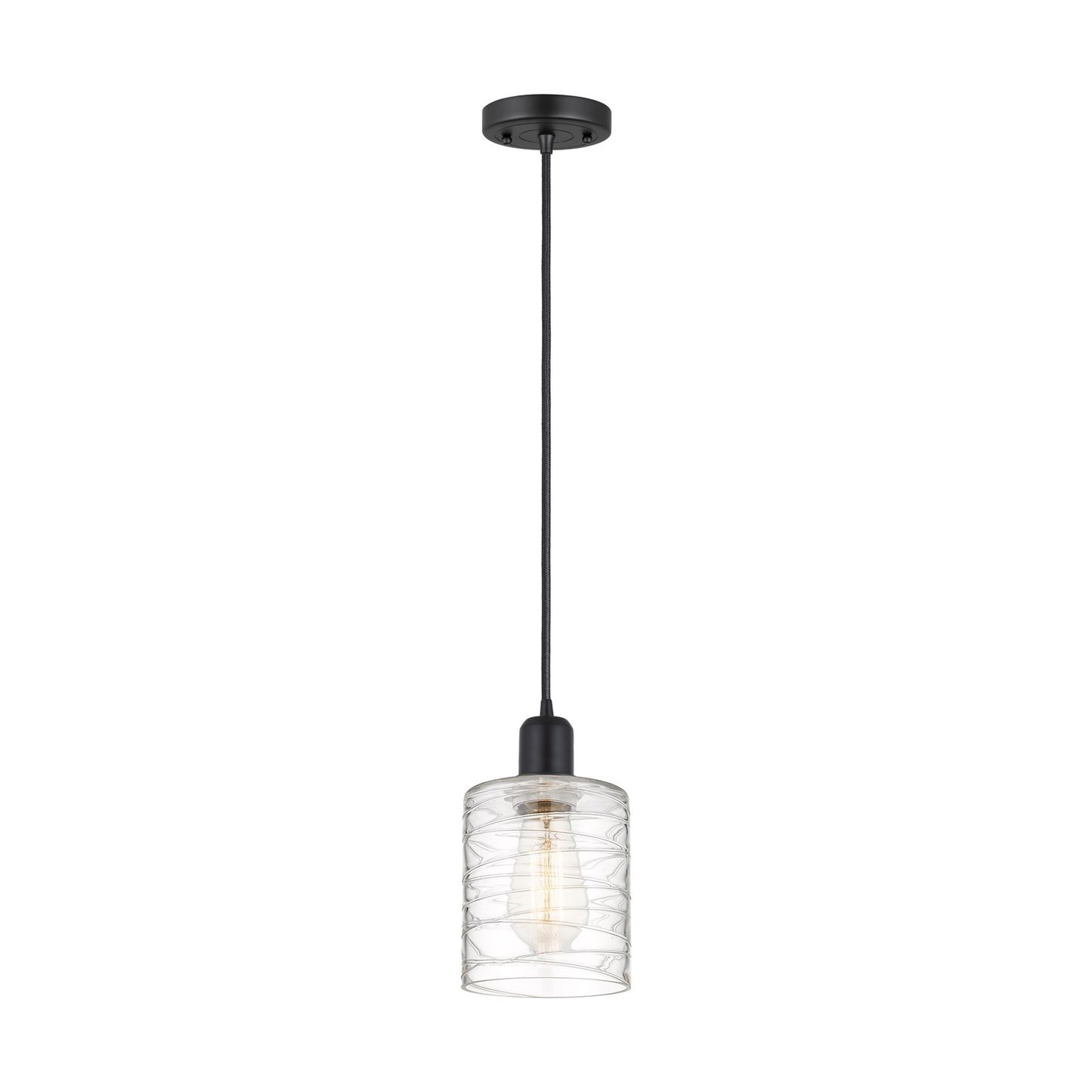 Innovations Cobbleskill 5in 1-Light Mini Pendant | Industrial Matte Black Steel and Cast Brass Deco Swirl Glass | Kitchen Island | Model 900-1P-BK-G1113