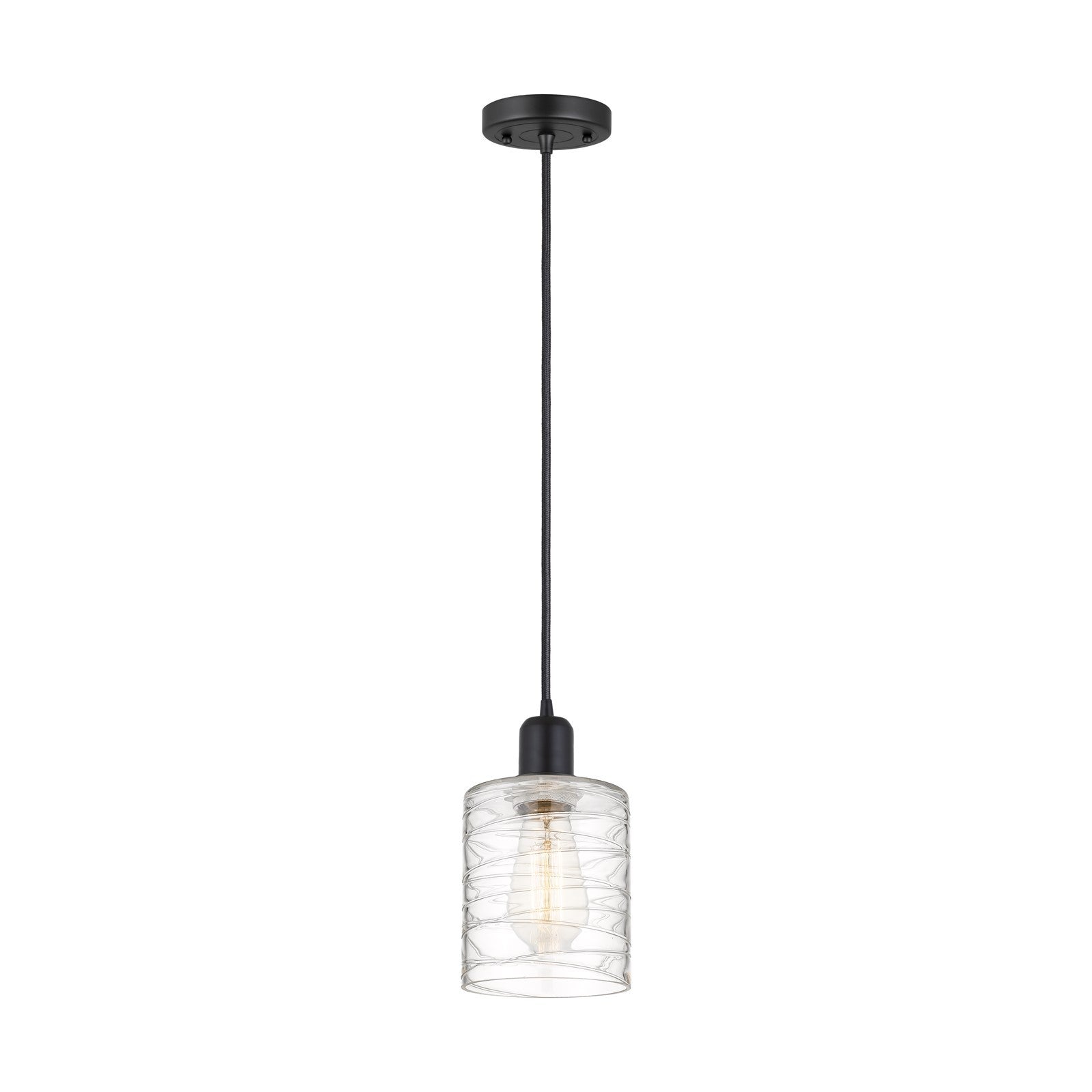 Innovations Cobbleskill 5in 1-Light Mini Pendant | Industrial Matte Black Steel and Cast Brass Deco Swirl Glass | Kitchen Island | Model 900-1P-BK-G1113
