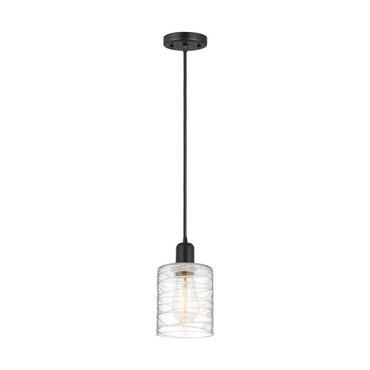 Innovations Cobbleskill 5in 1-Light Mini Pendant | Industrial Matte Black Steel and Cast Brass Deco Swirl Glass | Kitchen Island | Model 900-1P-BK-G1113