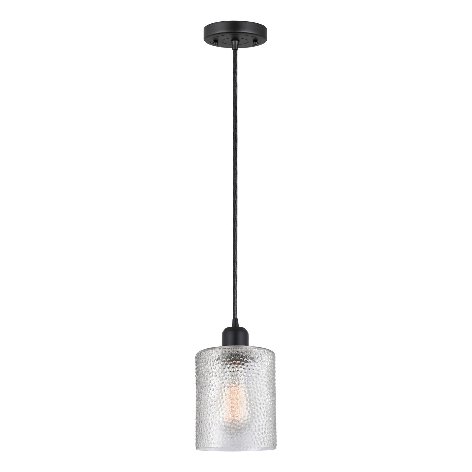 Innovations Cobbleskill 5in 1-Light Mini Pendant | Industrial Matte Black Steel and Clear Cobbleskill Glass | Kitchen Island & | Model 900-1P-BK-G112