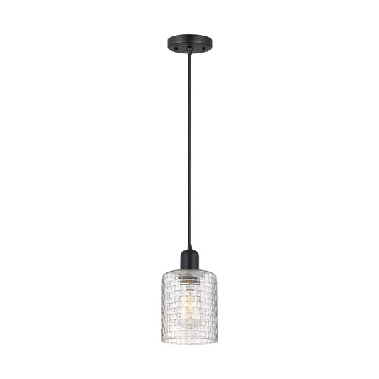 Innovations Cobbleskill 5in 1-Light Mini Pendant | Industrial Matte Black Steel and Clear Basket Weave Glass | Kitchen Island | Model 900-1P-BK-G112C-5CL