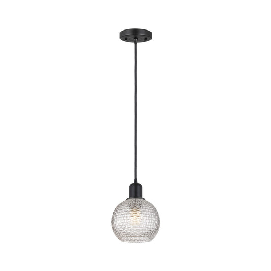 Innovations Athens 6in 1-Light Mini Pendant | Industrial Matte Black Steel and Clear Basket Weave Glass | Kitchen Island & | Model 900-1P-BK-G122C-6CL