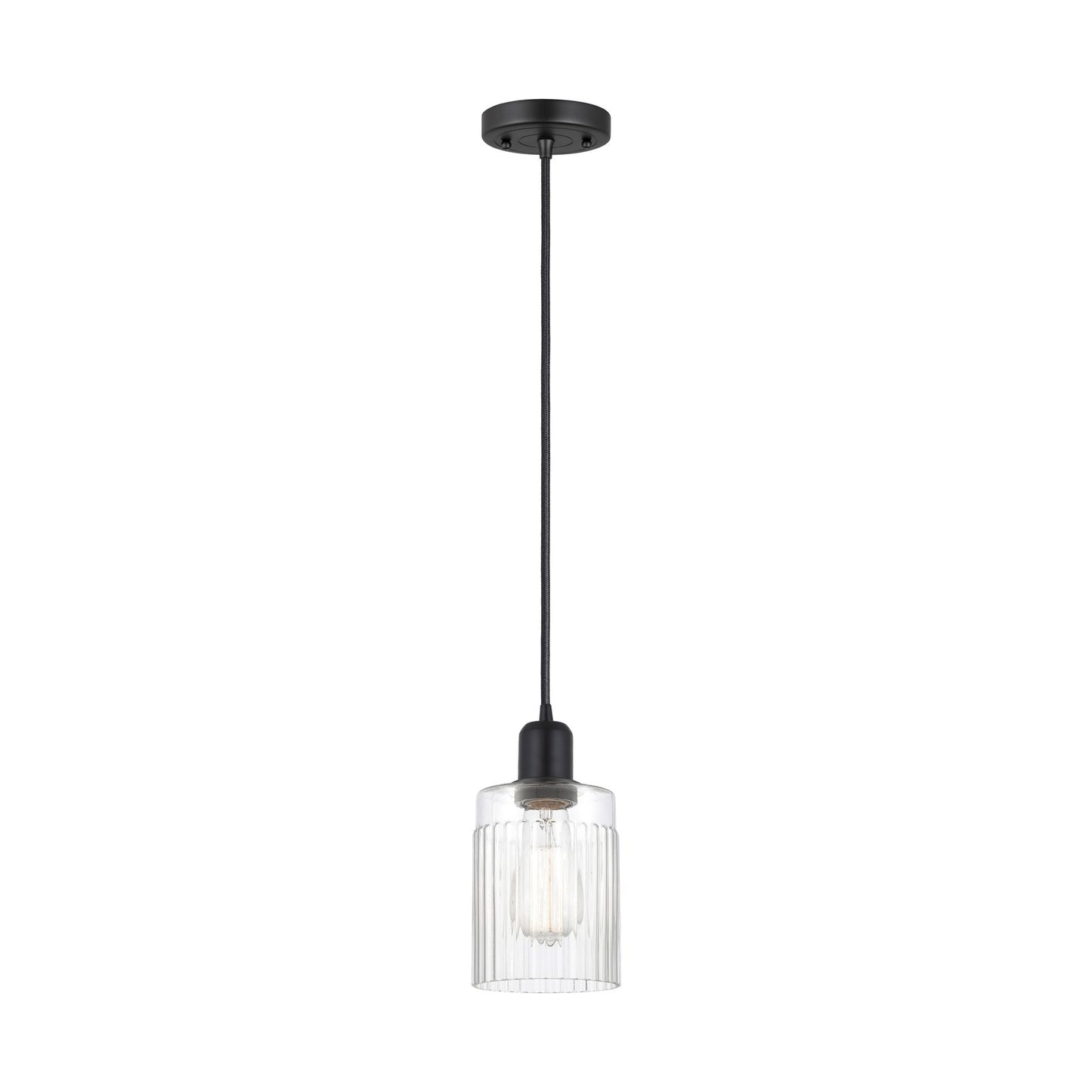 Innovations Hadley 4.5in 1-Light Mini Pendant | Industrial Matte Black Steel and Clear Ribbed Glass | Kitchen Island | Model 900-1P-BK-G342