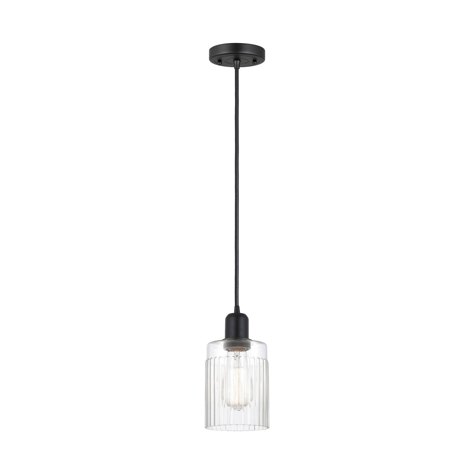 Innovations Hadley 4.5in 1-Light Mini Pendant | Industrial Matte Black Steel and Clear Ribbed Glass | Kitchen Island | Model 900-1P-BK-G342