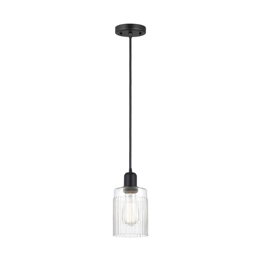 Innovations Hadley 4.5in 1-Light Mini Pendant | Industrial Matte Black Steel and Clear Ribbed Glass | Kitchen Island | Model 900-1P-BK-G342
