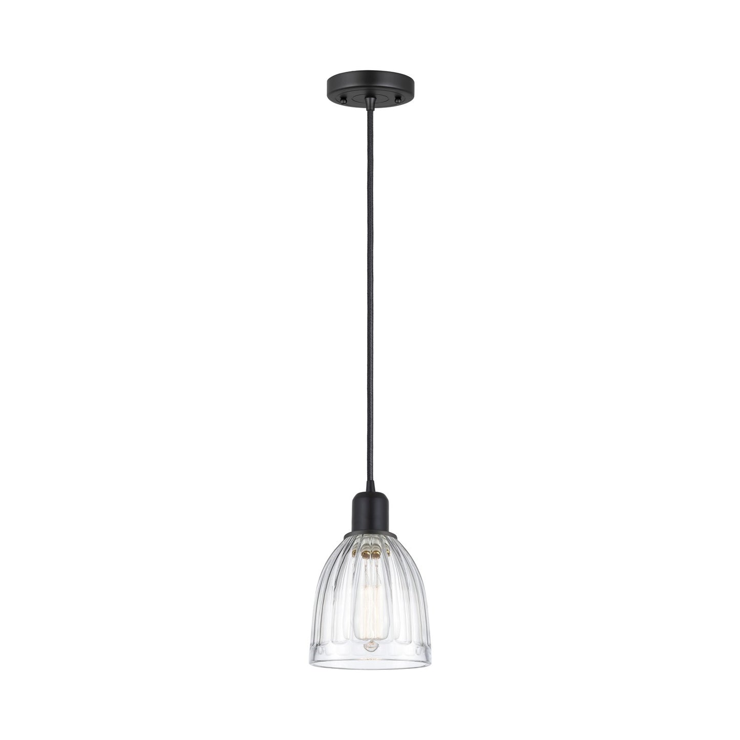 Innovations Brookfield 6in 1-Light Mini Pendant | Industrial Matte Black Steel and Clear Ribbed Glass | Kitchen Island | Model 900-1P-BK-G442
