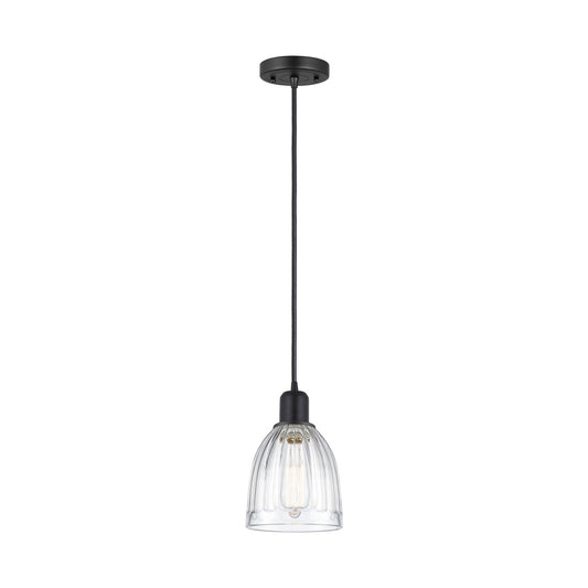 Innovations Brookfield 6in 1-Light Mini Pendant | Industrial Matte Black Steel and Clear Ribbed Glass | Kitchen Island | Model 900-1P-BK-G442