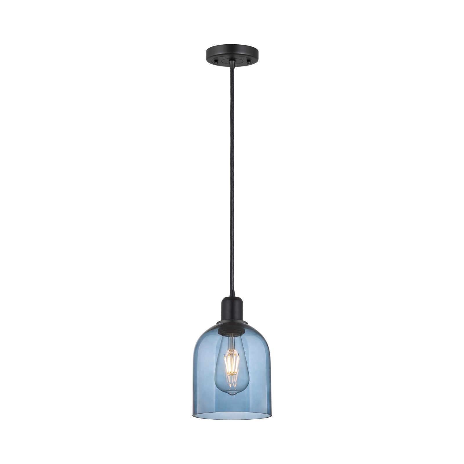 Innovations Bella 6in 1-Light Mini Pendant | Industrial Matte Black Steel and Blue Glass | Kitchen Island | 5.5 x 5.5 x 9.5 in | Model 900-1P-BK-G558-6BL