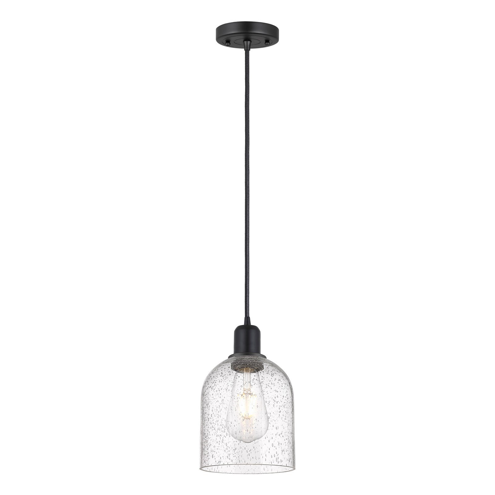 Innovations Bella 6in 1-Light Mini Pendant | Industrial Matte Black Steel and Seedy Glass | Kitchen Island | 5.5 x 5.5 x 9.5 in | Model 900-1P-BK-G558-6SDY