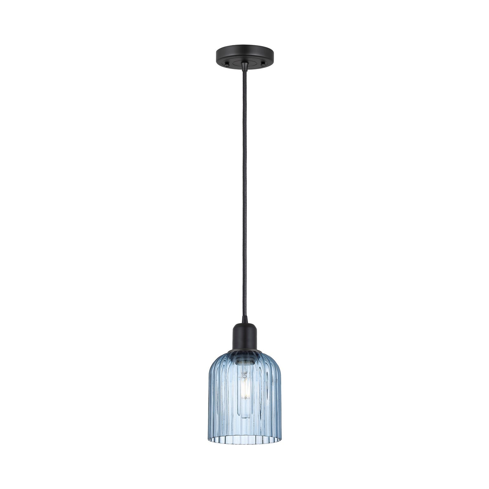 Innovations Bridal Veil 5in 1-Light Mini Pendant | Industrial Matte Black Steel and Princess Blue Ribbed Glass | Kitchen Island | Model 900-1P-BK-G559-5BL