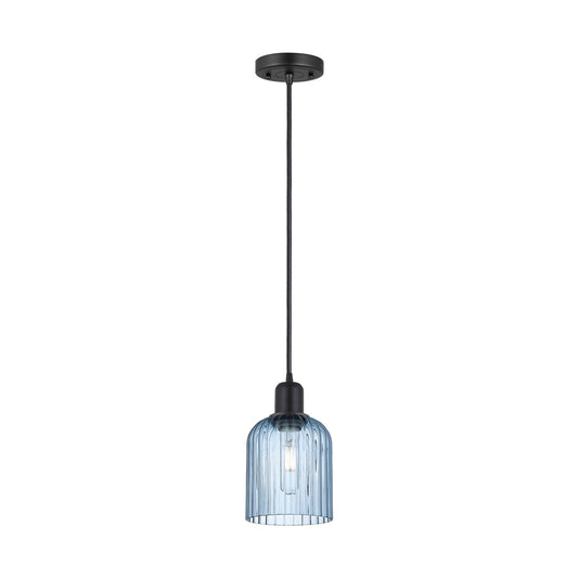 Innovations Bridal Veil 5in 1-Light Mini Pendant | Industrial Matte Black Steel and Princess Blue Ribbed Glass | Kitchen Island | Model 900-1P-BK-G559-5BL