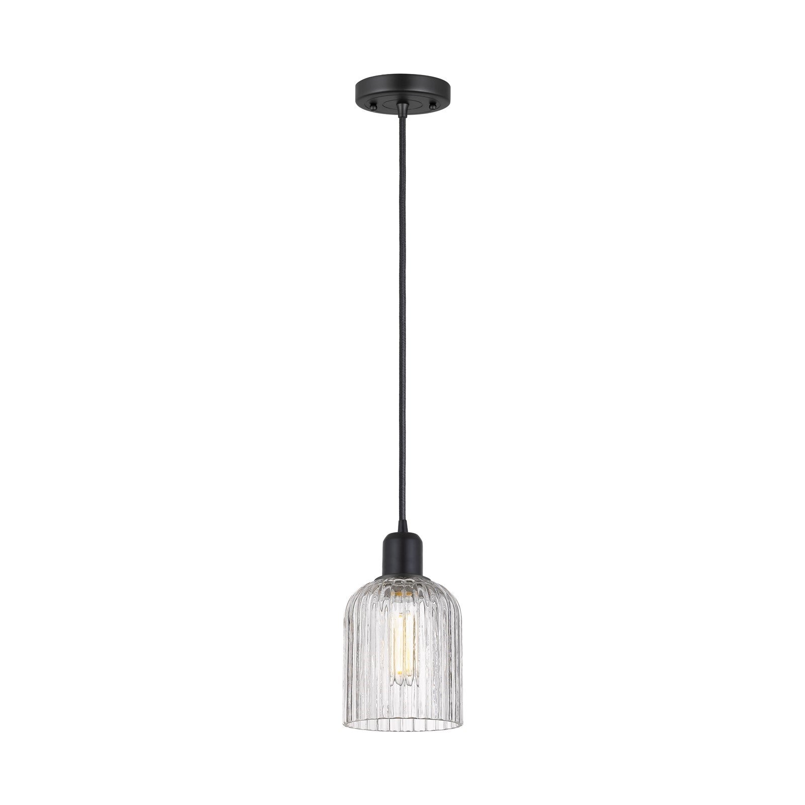 Innovations Bridal Veil 5in 1-Light Mini Pendant | Industrial Matte Black Steel and Clear Ribbed Glass | Kitchen Island | Model 900-1P-BK-G559-5CL