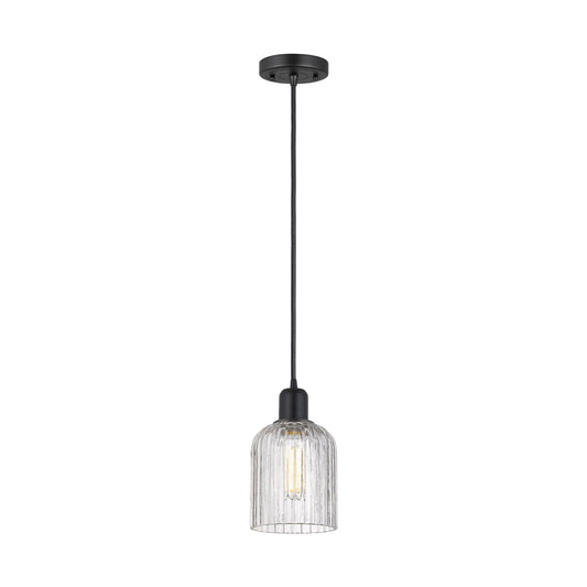 Innovations Bridal Veil 5in 1-Light Mini Pendant | Industrial Matte Black Steel and Clear Ribbed Glass | Kitchen Island | Model 900-1P-BK-G559-5CL