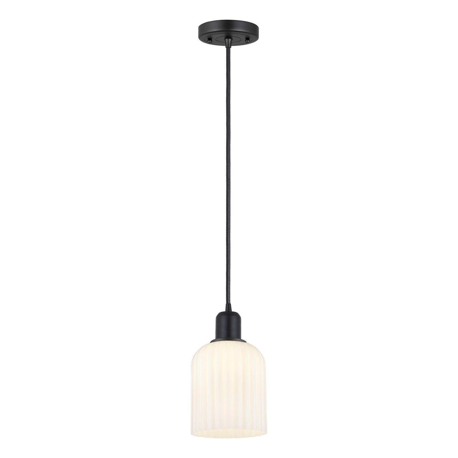 Innovations Bridal Veil 5in 1-Light Mini Pendant | Industrial Matte Black Steel and Gloss White Ribbed Glass | Kitchen Island | Model 900-1P-BK-G559-5GWH