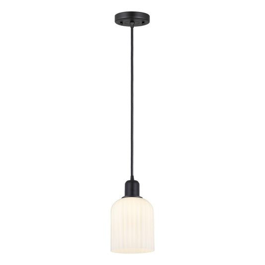 Innovations Bridal Veil 5in 1-Light Mini Pendant | Industrial Matte Black Steel and Gloss White Ribbed Glass | Kitchen Island | Model 900-1P-BK-G559-5GWH
